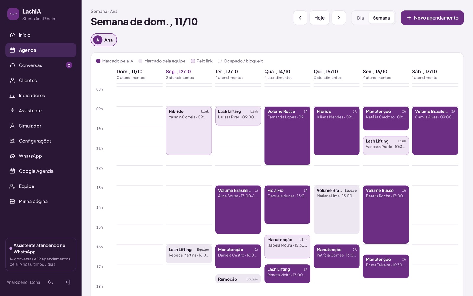 Agenda da semana com atendimentos marcados pela IA, pelo link e pela equipe