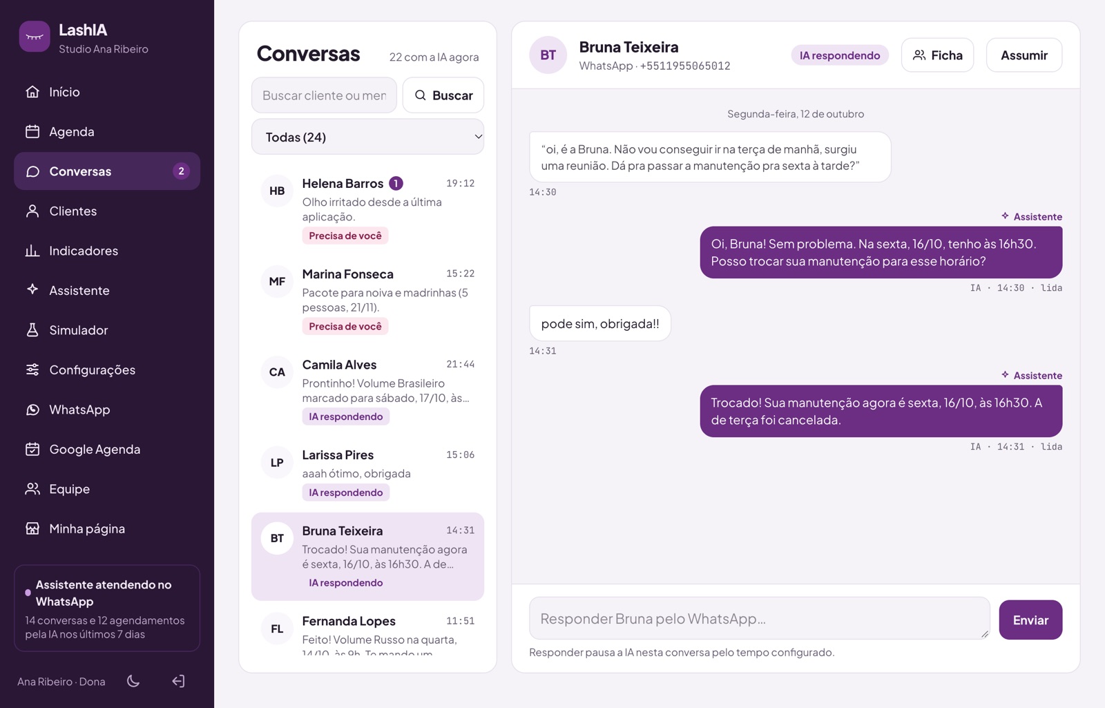 Conversa com a Bruna: áudio transcrito e manutenção remarcada para sexta às 16h30