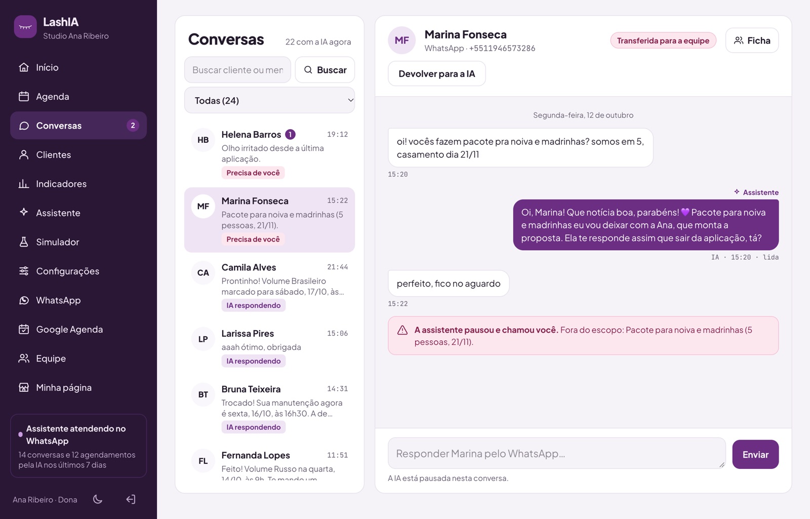Conversa com a Marina: a assistente pausou e chamou a equipe por um pacote para noivas