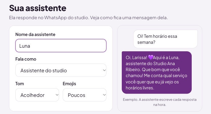 Passo da assistente: nome Luna, tom acolhedor e prévia da mensagem