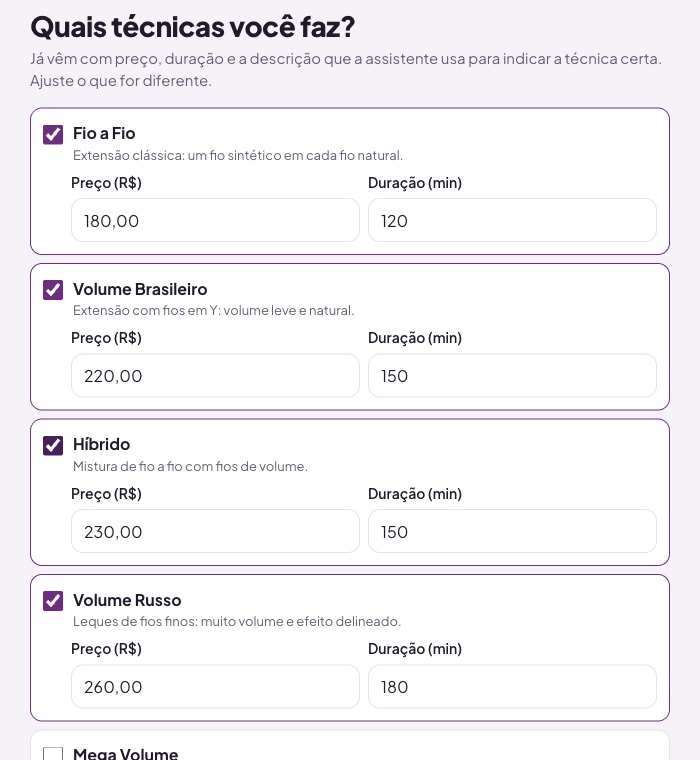 Passo dos serviços: técnicas de lash com preço e duração para ajustar